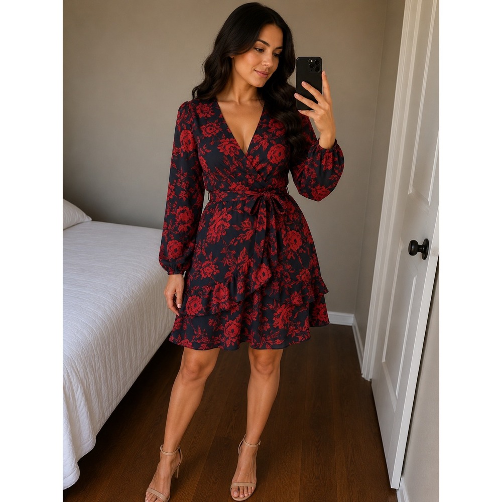 UGuest Women Medium Red Black Floral Long Sleeve V-Neck Ruffle Belt‎ Mini Dress